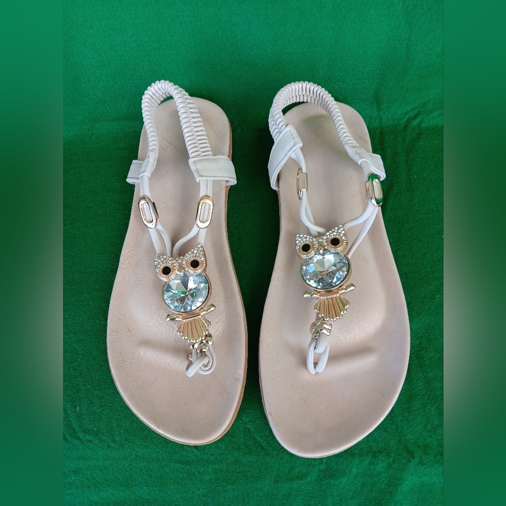 Owl Jeweled Rhinestone Flip Flops Sandals Shoes Womens Sz 5.5-6